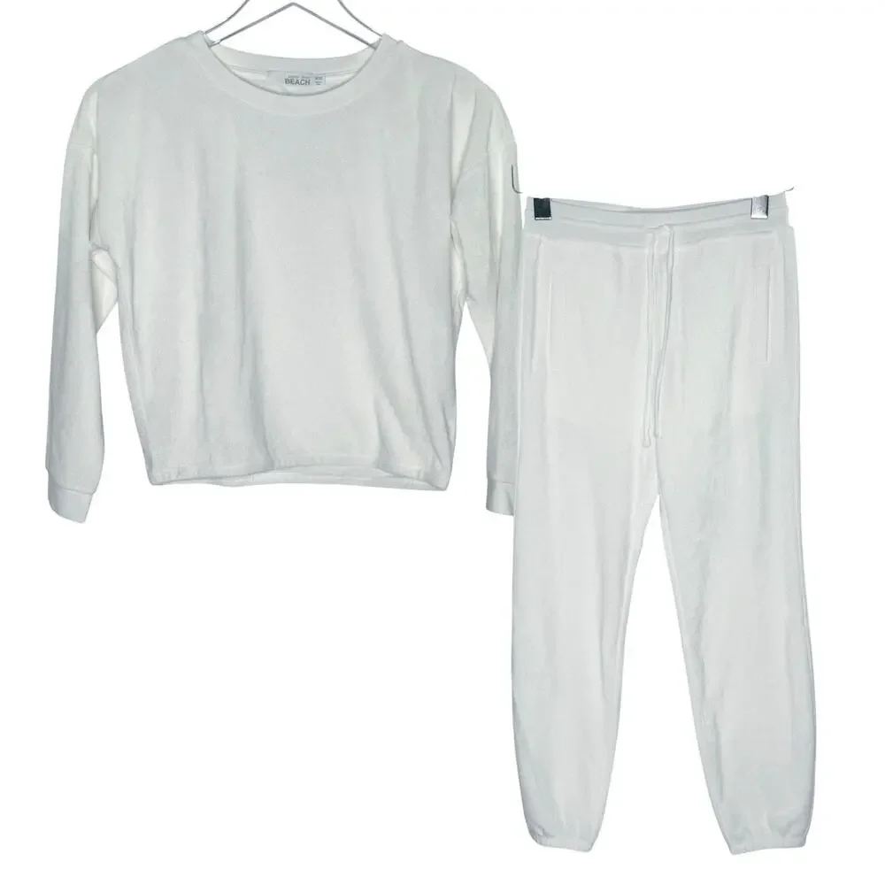 Barefoot Dreams Beach Girls 2 Piece Jogger Sweatshirt Set 8/10 White Terry